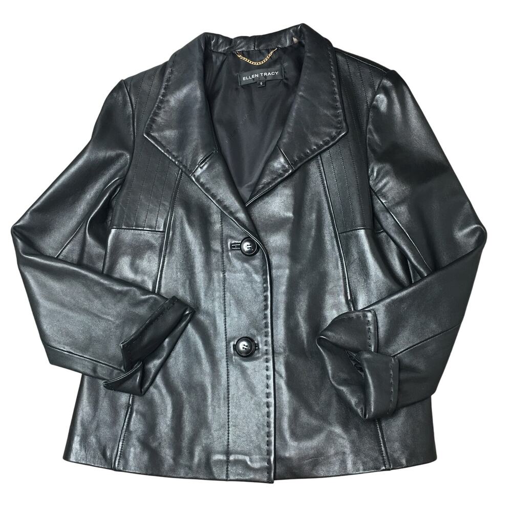 Ellen Tracy Women Genuine Leather Lined Black Jacket Black Small